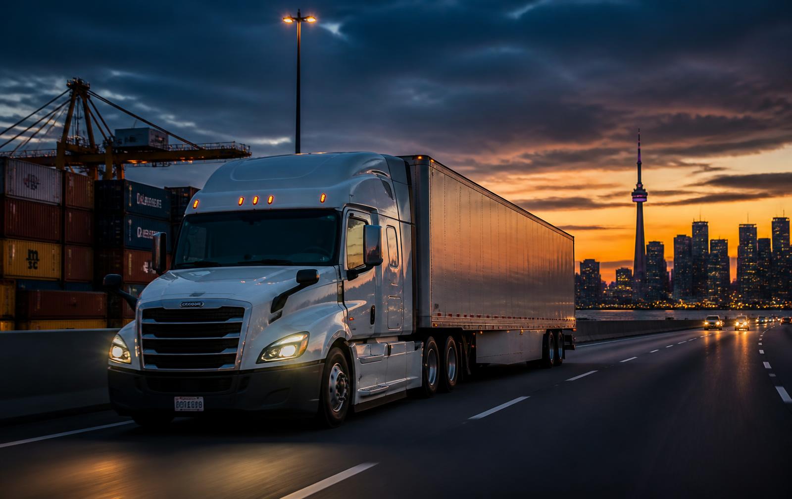 Movas Logistics cargo truck heading toward the Toronto skyline at dusk